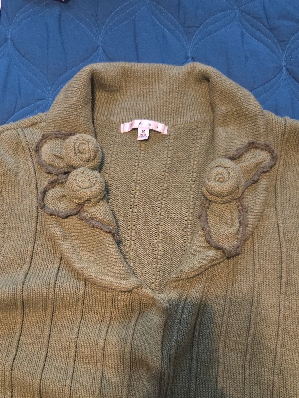 CAbi Olive Green Shawl-Collar Cardigan with Floral Appliqués
